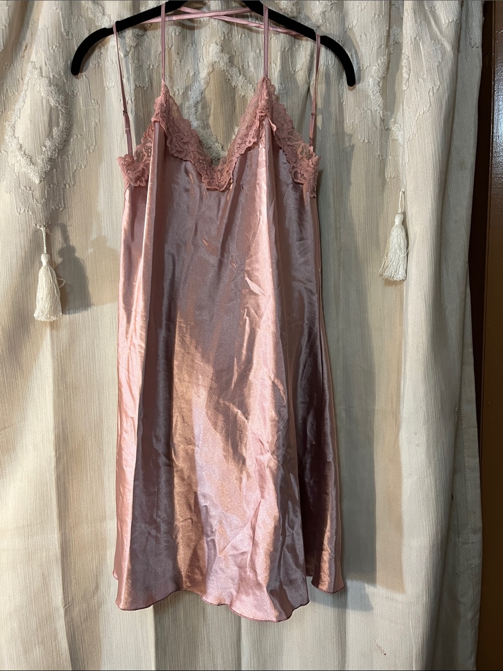 Silky Lace-Trim Slip Nightdress in Dusty Rose